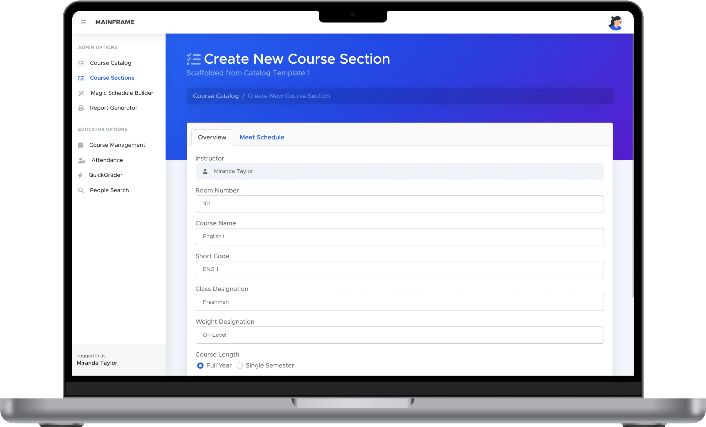 Mainframe's Magic Schedule Builder on the homepage