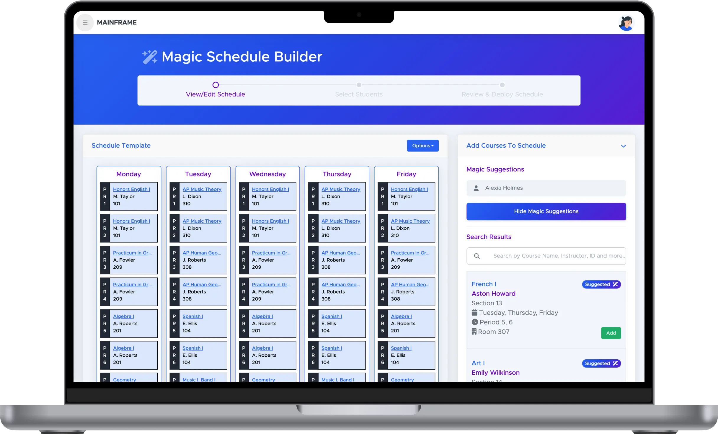 Mainframe's Magic Schedule Builder on the homepage